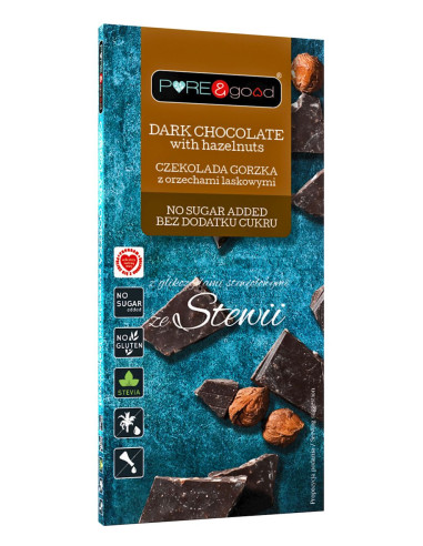 Czekolada gorzka słodzona stewią z orzechami laskowymi bezglutenowa - 125g - PureGood