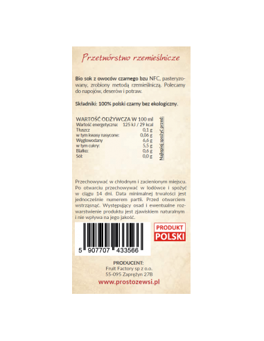 Czarny bez sok Bio bez cukru - 375ml - Prosto ze Wsi