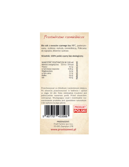 Czarny bez sok Bio bez cukru - 375ml - Prosto ze Wsi