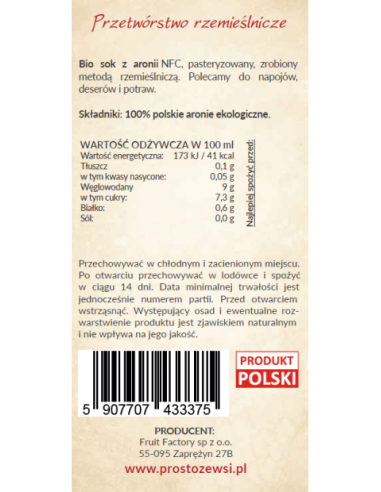 Sok aronia Bio - 375ml - Prosto ze Wsi