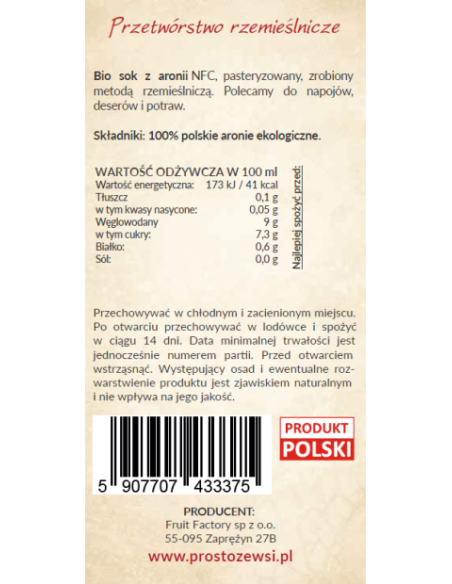 Sok aronia Bio - 375ml - Prosto ze Wsi