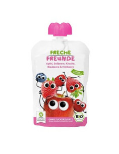 Mus jabłko-truskawka-malina-wiśnia bez dodatku cukrów b/g od 6 m. Bio - 100g - Freche Freunde